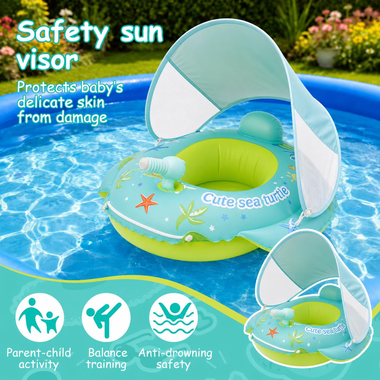 XIMEI Salvagente Neonato con Parasole, Salvagente Bambino con Volante, Ciambella Piscina, Piscina Gonfiabile Bambini, Estate Gonfiabile Mare Bambini Vacanza Spiaggia