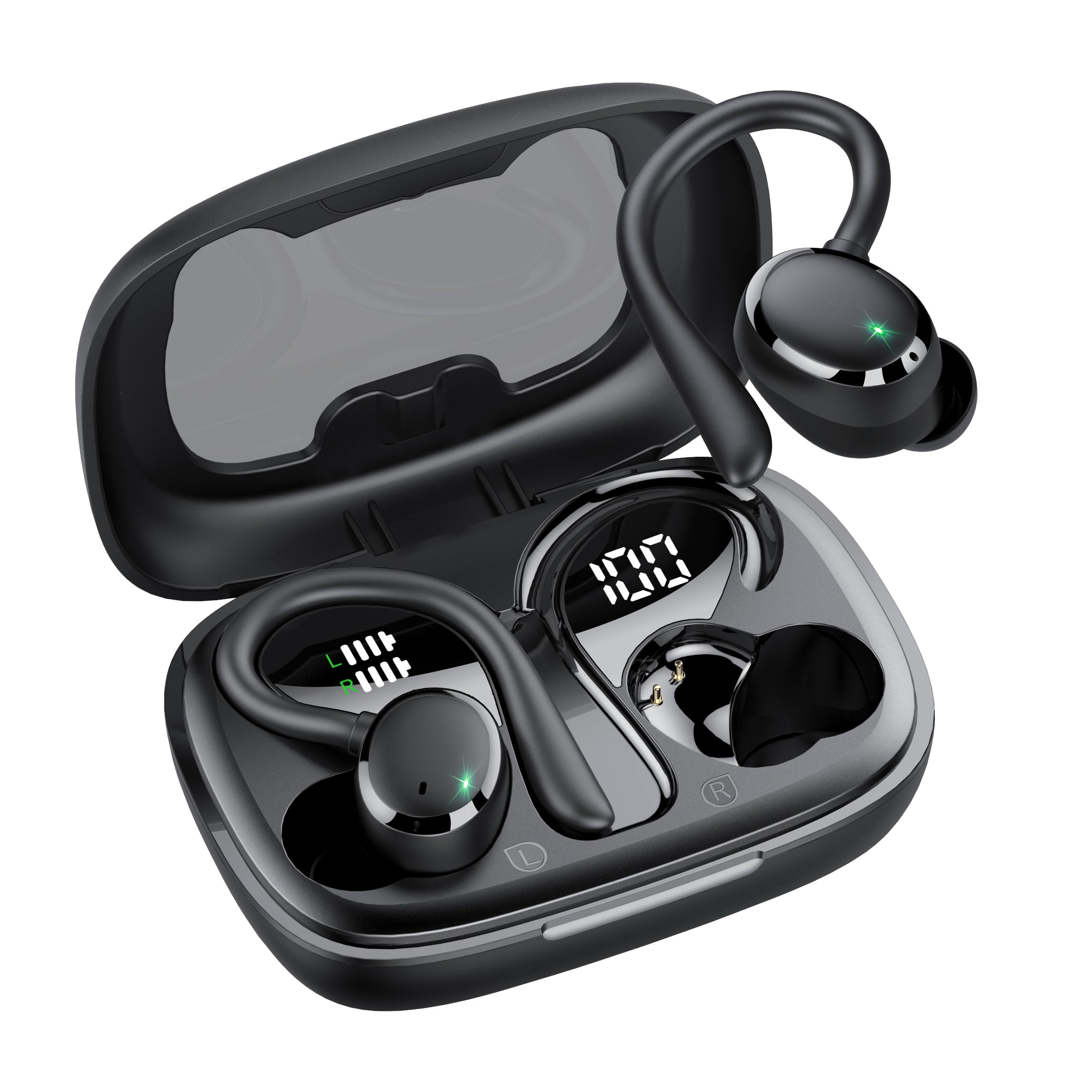 Écouteurs de sport Bluetooth 5.3 sans fil avec micro HD, HiFi stéréo basses profondes, 72 heures d'autonomie, double affichage LED, étanchéité IP7, avec crochet d'oreille