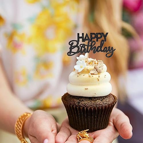 Miniatura 3 de Ercadio Paquete de 24 adornos para cupcakes con purpurina negra montada para cupcakes de cumpleaños, para baby shower, niños, fiesta de cumpleaños,