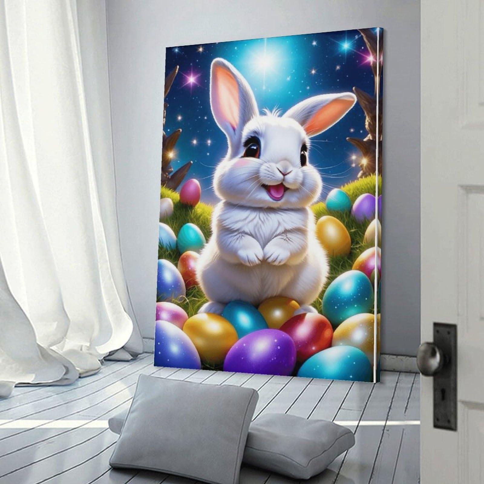 Junmoney Decorative Wall Artwork Easter Bunny with Eggs, 08x12inch(20x30cm), for New Homes, Bedrooms Or Workspaces, Canvas Artwork with Gifting Potential