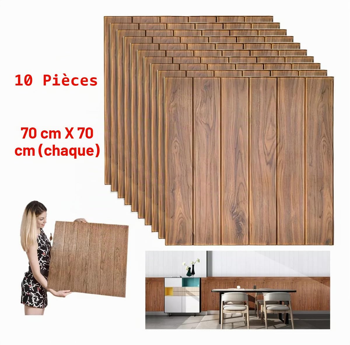 Papier peint adhésif mural 10 pièces (5,39 m2) 3D adhésif panneaux muraux briques panneaux muraux décoratifs 3D pour mur autocollants muraux, pour cuisine, salon, salle de bains, 77 x 70 cm, chêne