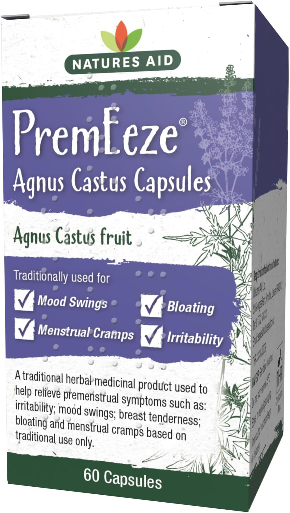 Natures Aid PremEeze Agnus Castus 400mg – Traditional Herbal Remedy for Premenstrual PMS Symptoms Relief – Mood Swings, Irritability, Menstrual Cramps & Bloating – Vegan, THR Registered – 60 Capsules