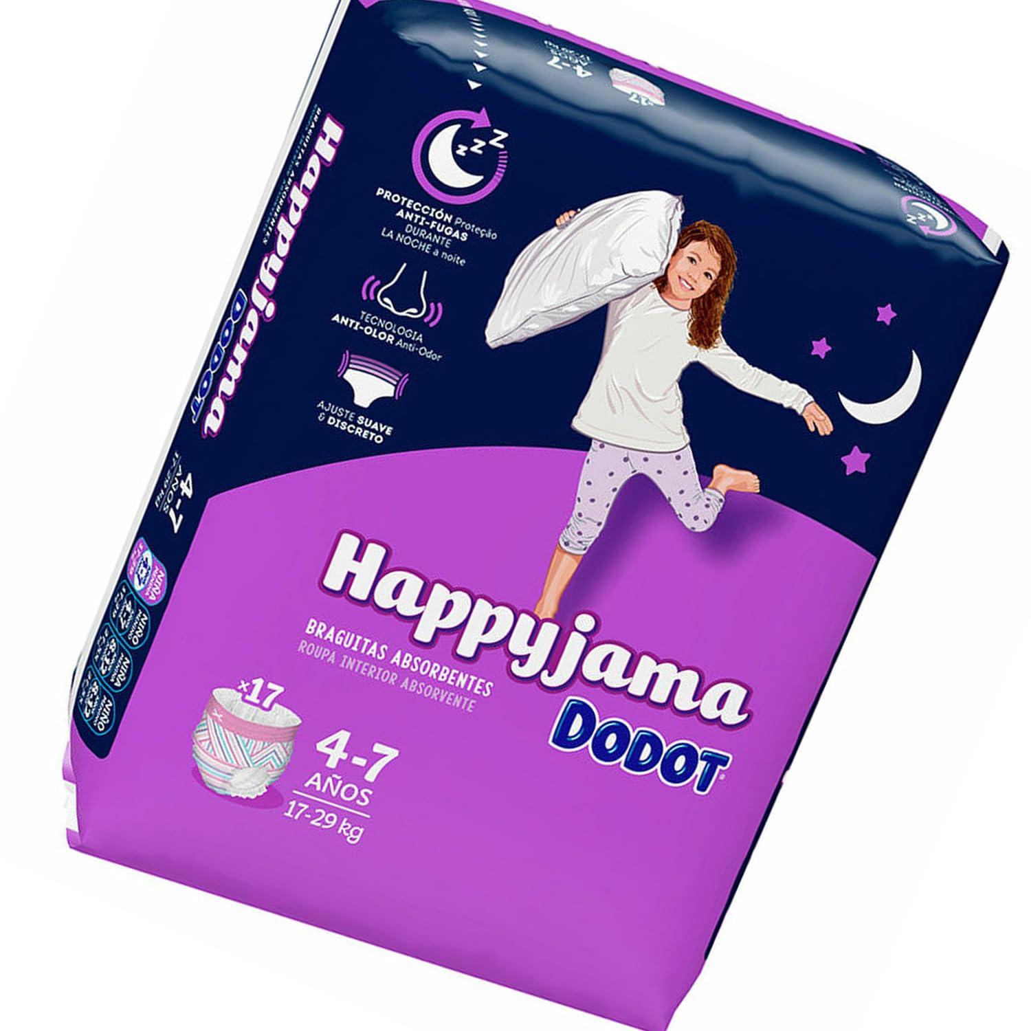 Dodot HappyJama - Pañales Niña 4 - 7 Años, 17 Unidades, 17 - 29 kg, Protección anti-fugas Durante La Noche
