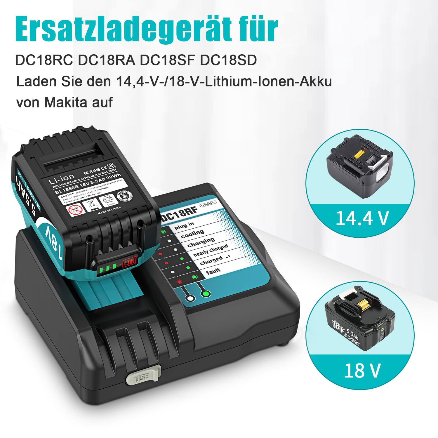 Cargador DC18RF + 2 baterías de repuesto para batería de 18 V 5500 Ah | Compatible con batería de ion de litio de 18 V, BL1815, BL1830, BL1840, BL1850, BL1860, BL1890, BL1415, BL1430, BL1440