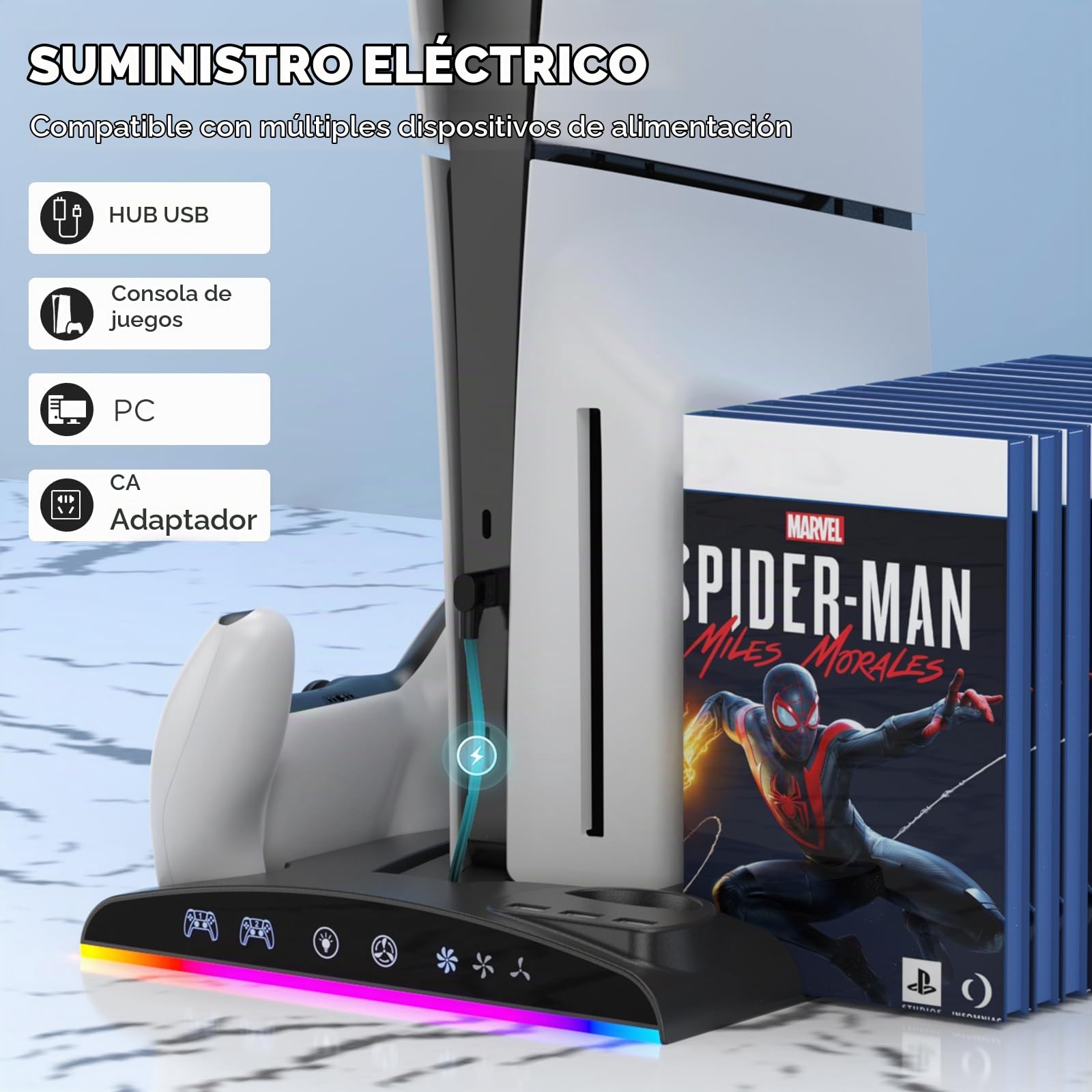 Soporte para PS5 Slim con Ventilador de 3 Velocidades, Cargador para Mando con Luz LED, Base Soporte Vertical con 3 Puertos USB y Ranuras para 13 Juegos PS5