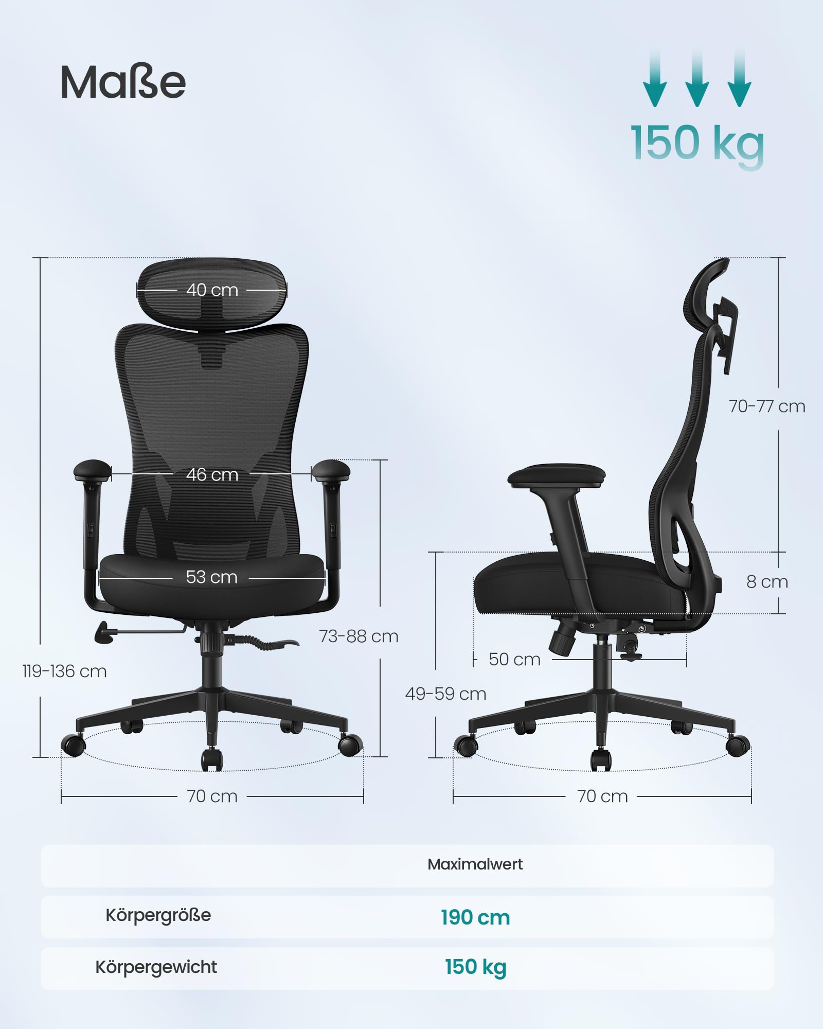 SONGMICS Bürostuhl ergonomisch, Schreibtischstuhl, Computerstuhl, verstellbare Lenden- und Kopfstütze, bis 150 kg belastbar, höhenverstellbar, tintenschwarz OBN066BH01