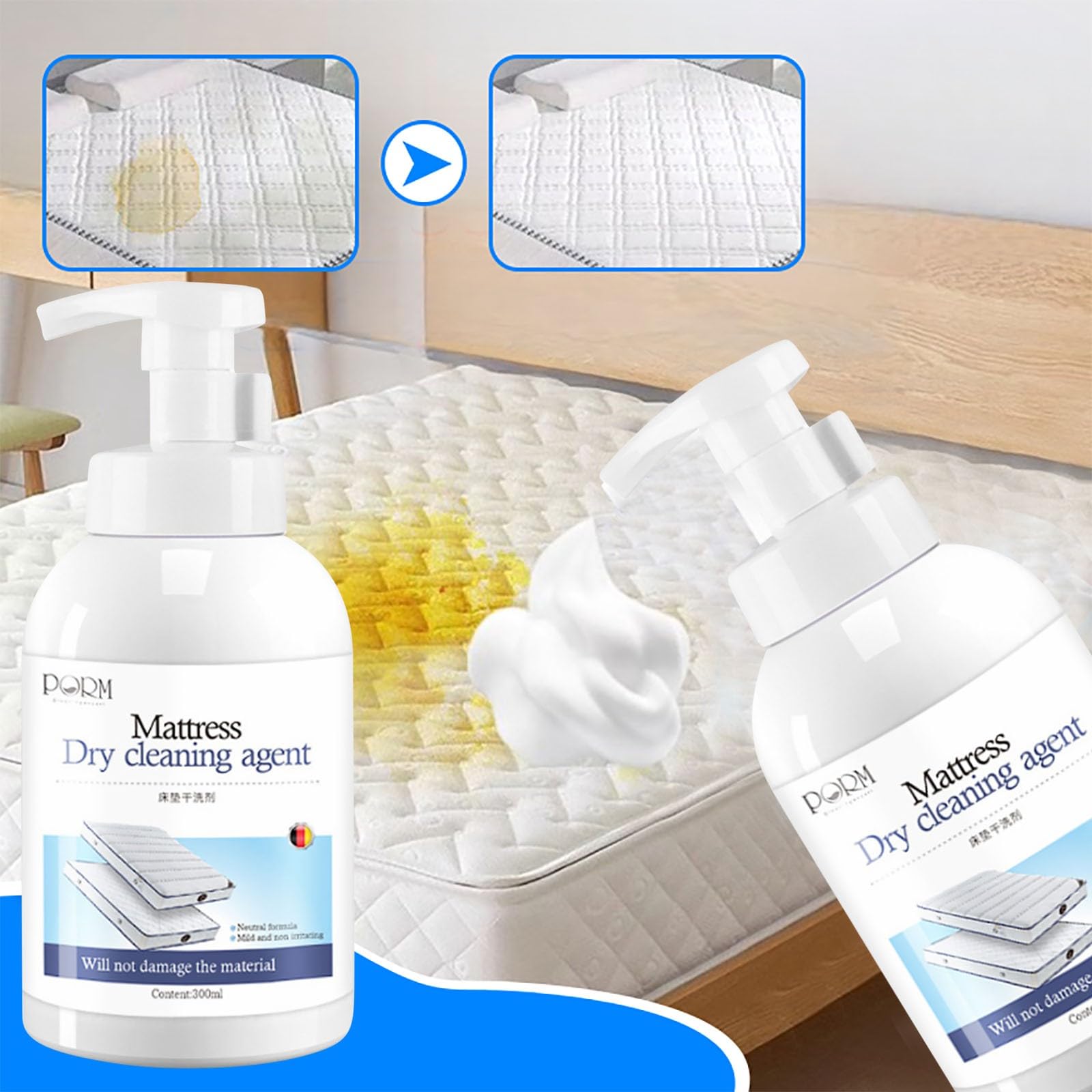 Wash-Free Cleaner Spray, Matratze Reinigung Spray, Ultrastarker Schaum Reiniger, Wasserfreier Fleckenentferner, Entfernt Gelbe Flecken und Gerüche von Matratzen, Auflagen, Stoffen und Sofa