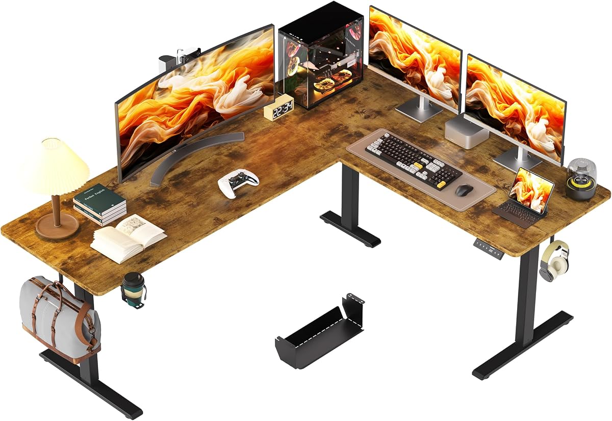 75x61 Inches Reversible L Shaped Standing Desk Height Adjustable with Cup Holder, Electric Corner Computer Workstation for Home Office, Ergonomic Sit Stand up Gaming Desk, Rustic Brown
