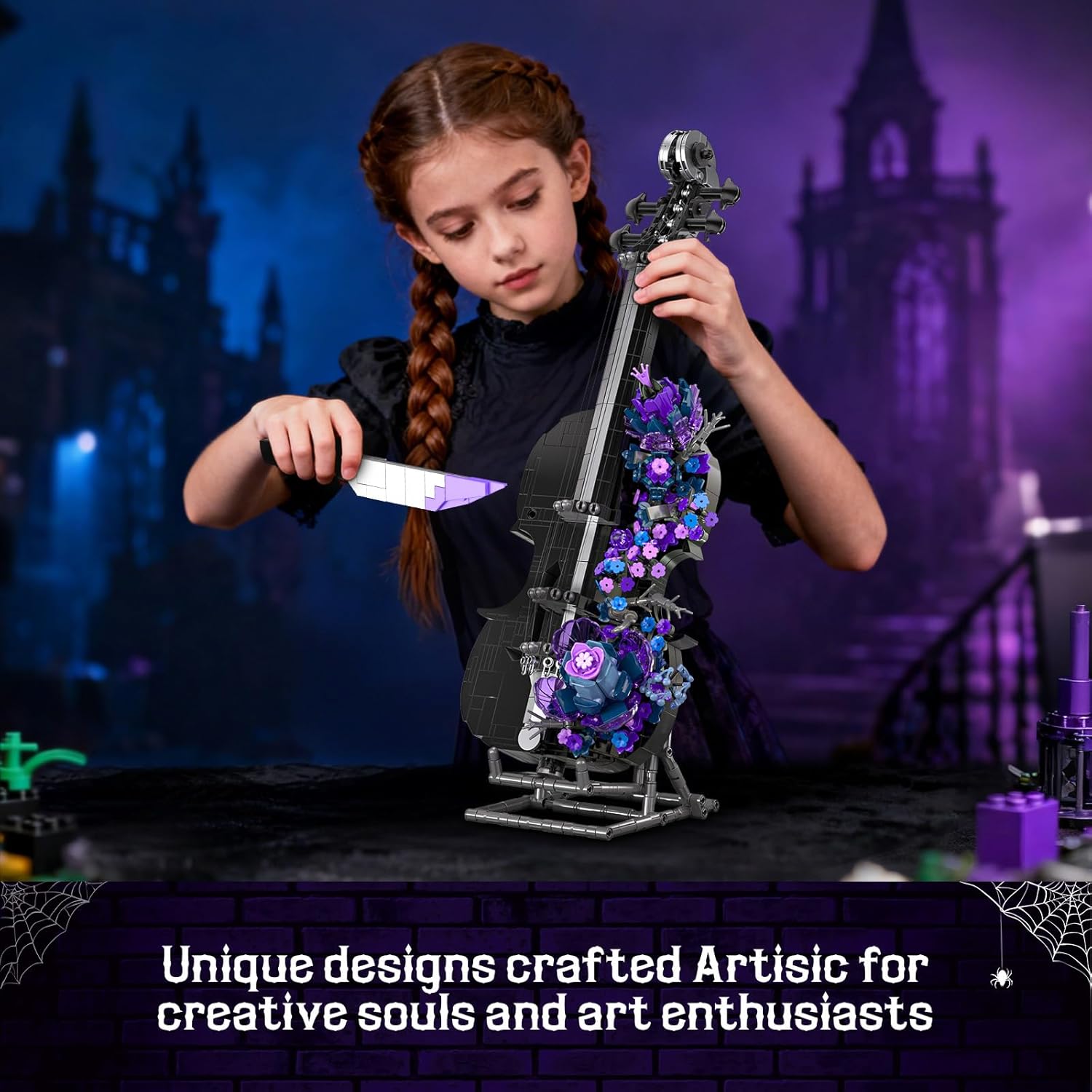 Gothic Cello wtih Black Dahlia Flower Building Block Set - Pretend Play Set for kids - Gothic Horror for Home Office Decor - Building Blocks for Kids & Adults - Birthday Gift Valentine's Day Gift