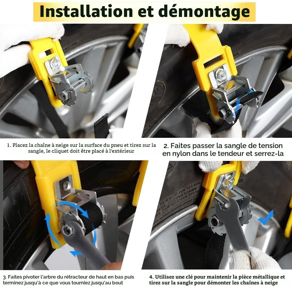 Chaînes à Neige Universelles, 6 Pièces pour Pneus 165 à 265 mm Antidérapantes Faciles à Monter pour Voitures et SUV Hiver Neige Glace Boue (Jaune)