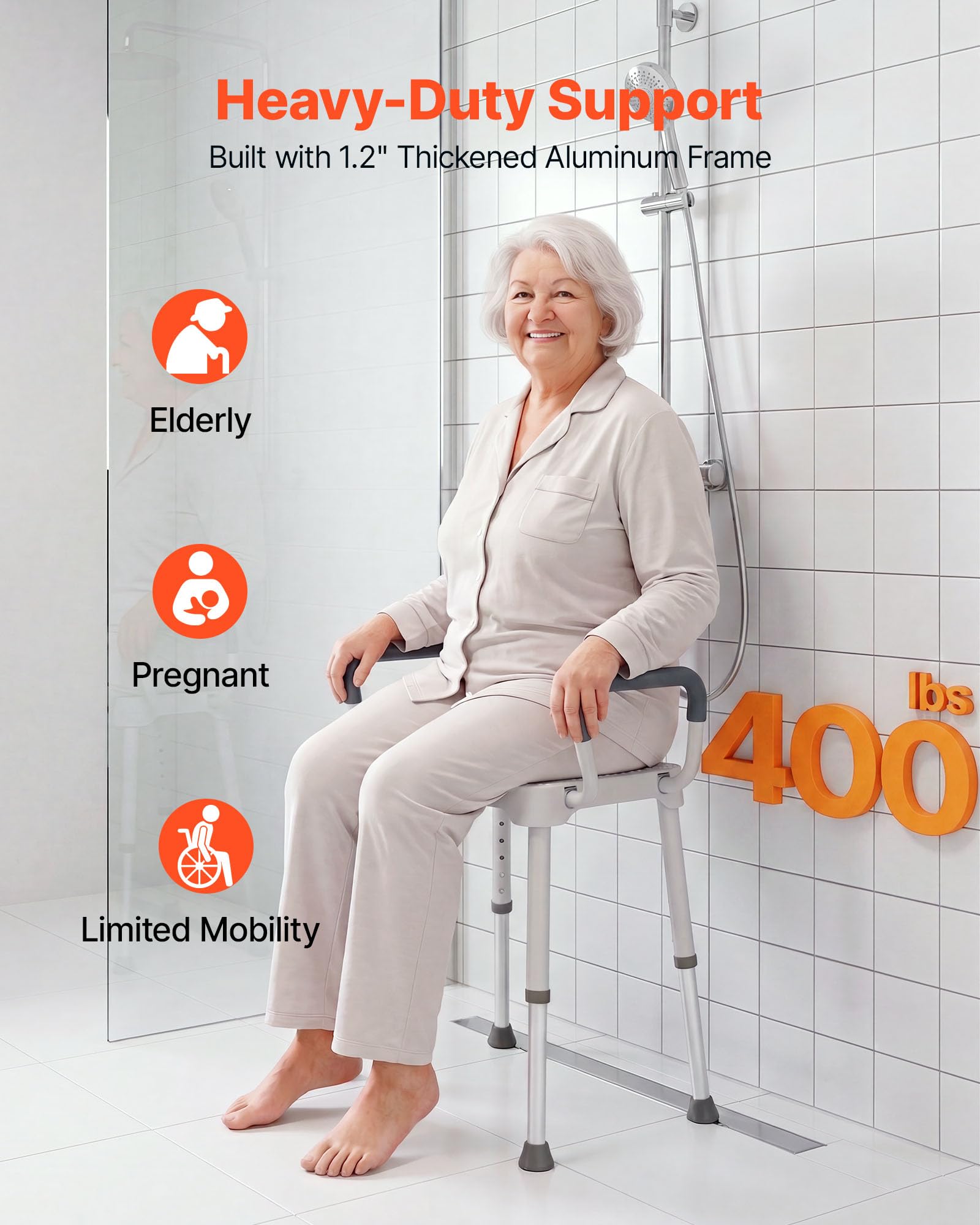 VEVOR Silla de Ducha con Reposabrazos, Taburete para Baño, Altura 6 Niveles