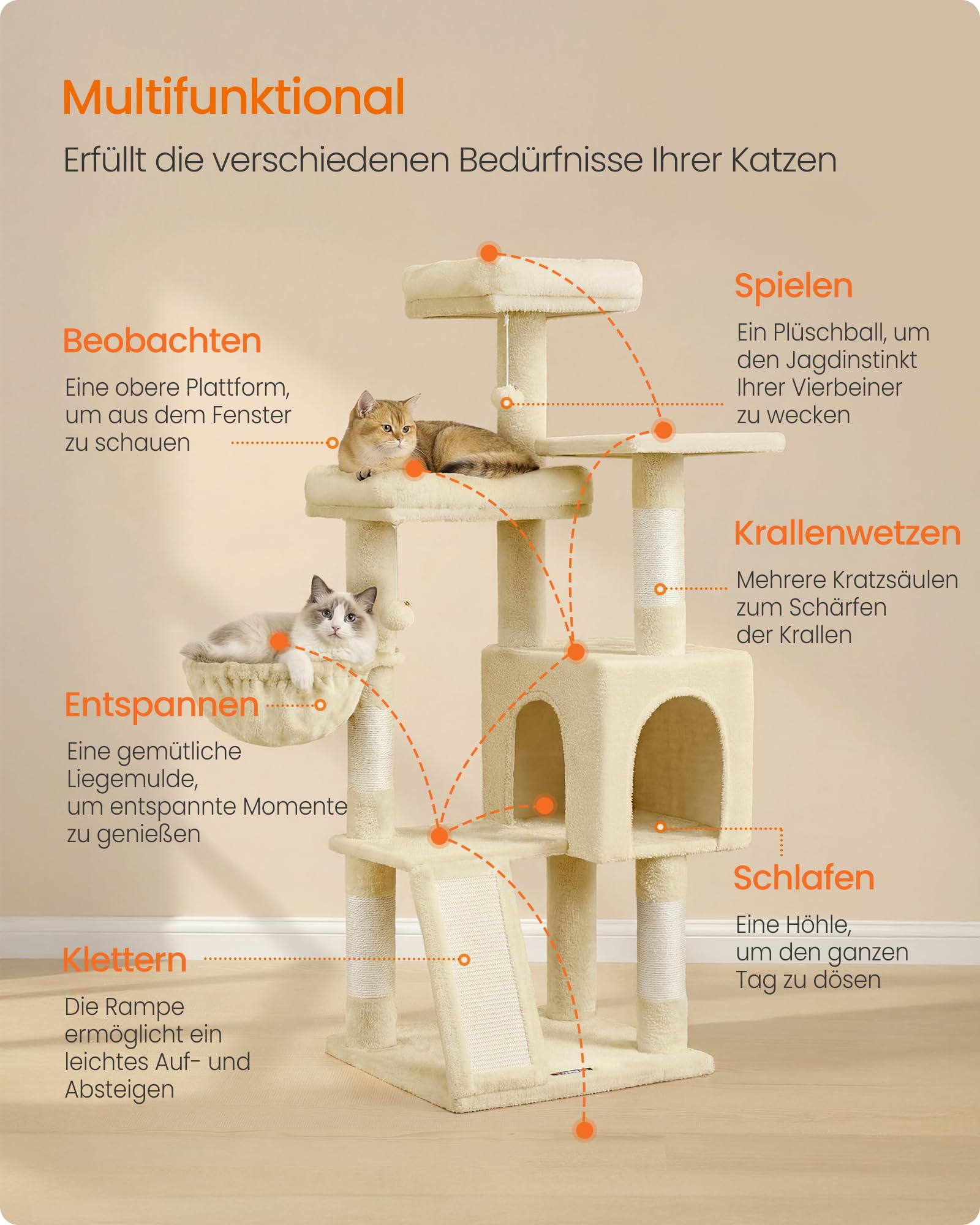 Feandrea Kratzbaum, 136 cm hoch, Katzenbaum, mehrstöckiges Katzenhaus, mit 4 Kratzsäulen, 3 Plattformen, Liegemulden, Höhle, beige PCT012LF01
