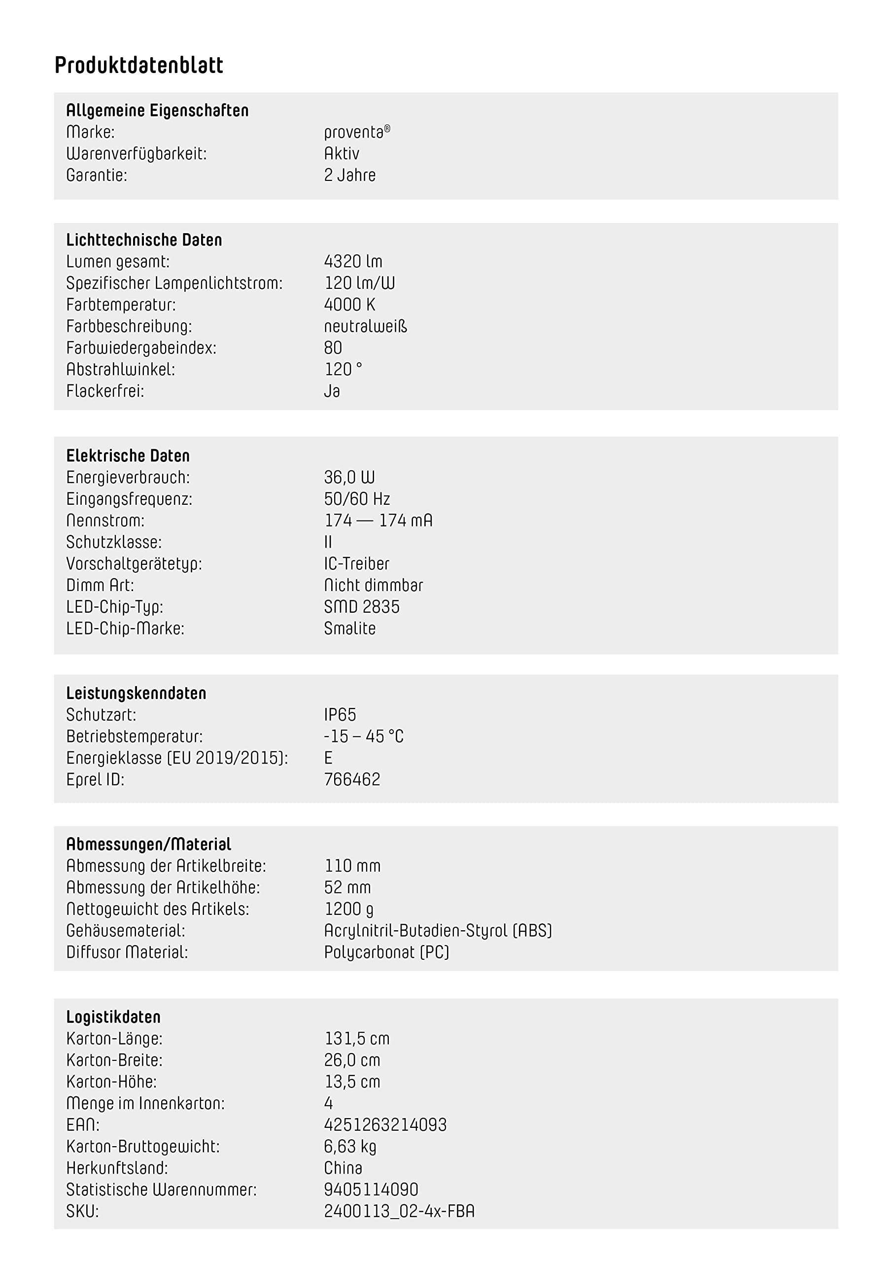 Proventa LED-Feuchtraumleuchte 120 cm, Sparset 4 Stück, je 2 LED-Röhren, IP65, 4.000 K, 36 W, 4.320 Lumen