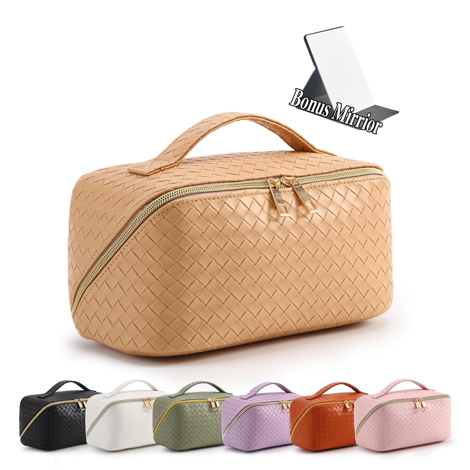 Photo 1 of Large Capacity Travel Cosmetic Bag, Portable Checkered Makeup Bag for Women Travel Toiletry Bag with Extra Mirror,PU Leather Waterproof Makeup Organizor With Handle and Divider for Women Girls Brown