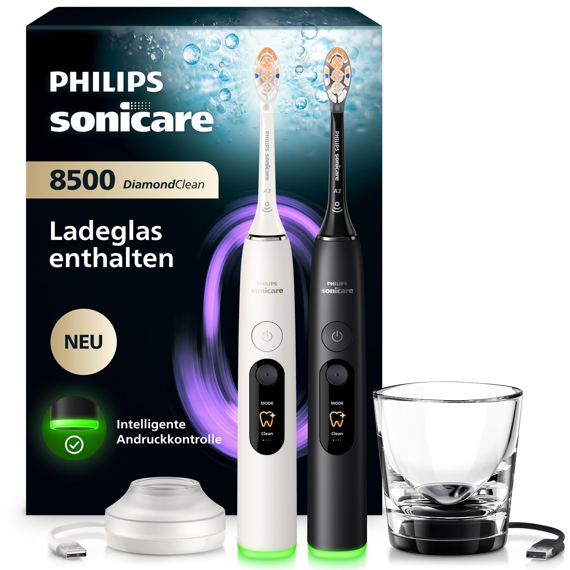 Philips Sonicare Next-Generation DiamondClean 8500 elektrische Zahnbürste - mit intelligenter Andruckkontrolle und 18 Einstellungen, Pulverweiß & Schwarz, 2er-Pack, HX8596/21
