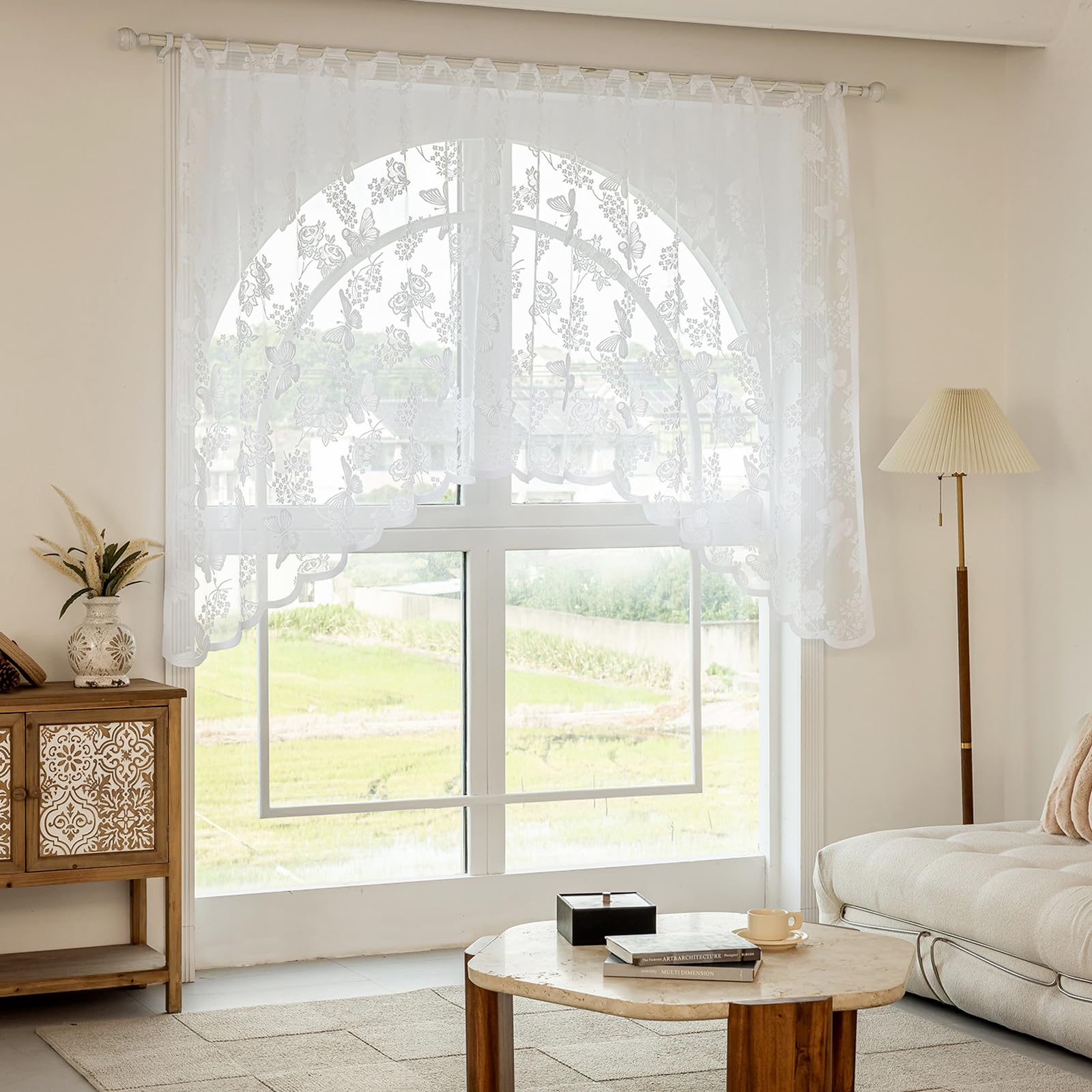 LEBKFT Butterfly Lace Curtain, 1 Panel White Semi-Sheer Net Lace Valances Short Embroidery Window Valance Boho Curtains Swag for Bedroom Kitchen Closet Living Room Cafe Decor (W 70.9" x L 39.4")