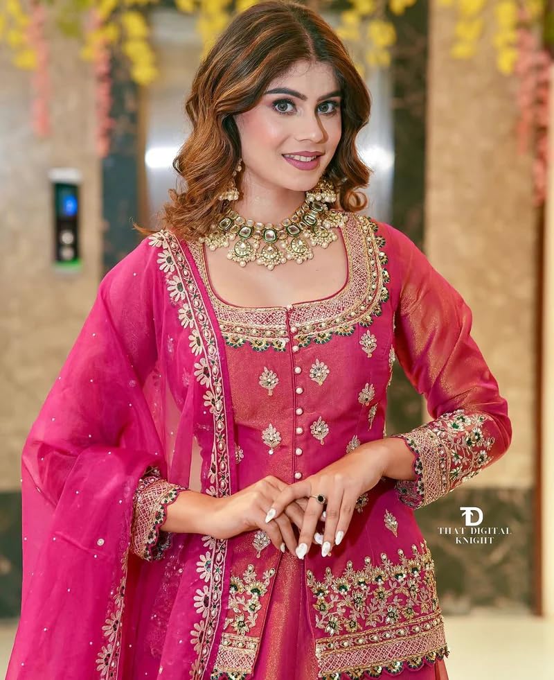 Image of Suppar Sleave Women's Chanderi Silk Embroidered Kurta Set with Lehenga Style Bottom & Dupatta | Bollywood Style Embroidery lehenga Choli Set For Woman