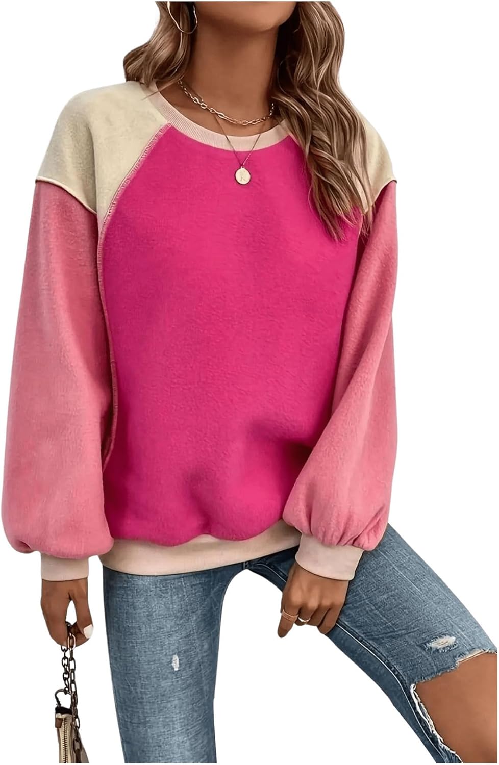 MakeMeChic Women’s Plus Size Colorblock Sweatshirt Crew Neck Bishop Long Sleeve Loose Fit Sweatshirts Pullover Tops