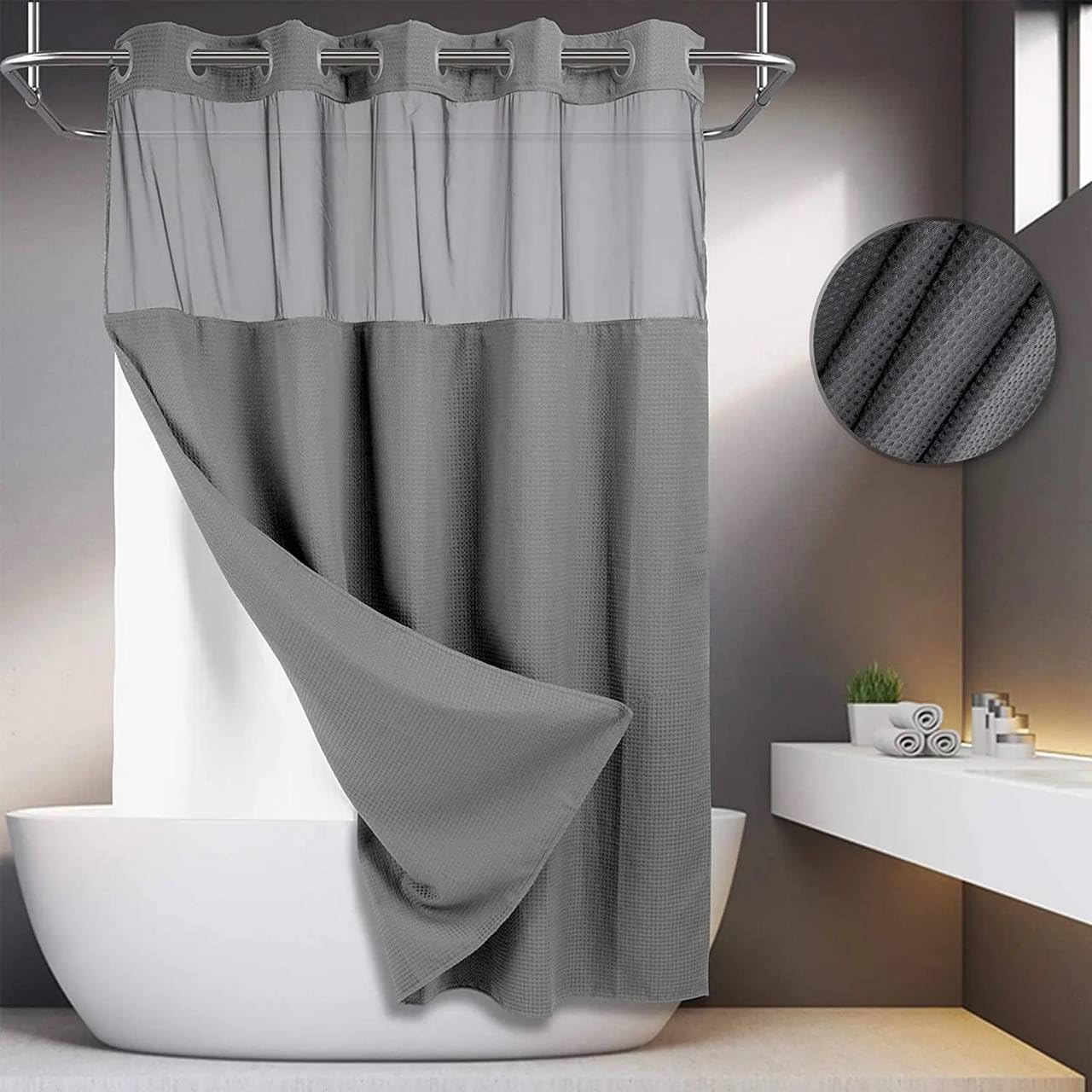 Grey No Hook Waffle Weave Shower Curtain with snap-in Liner Replacement, 299GSM Waterproof Fabric Modern Shower Curtain Set for Bathroom, Through Mesh Top Window,71Wx74H
