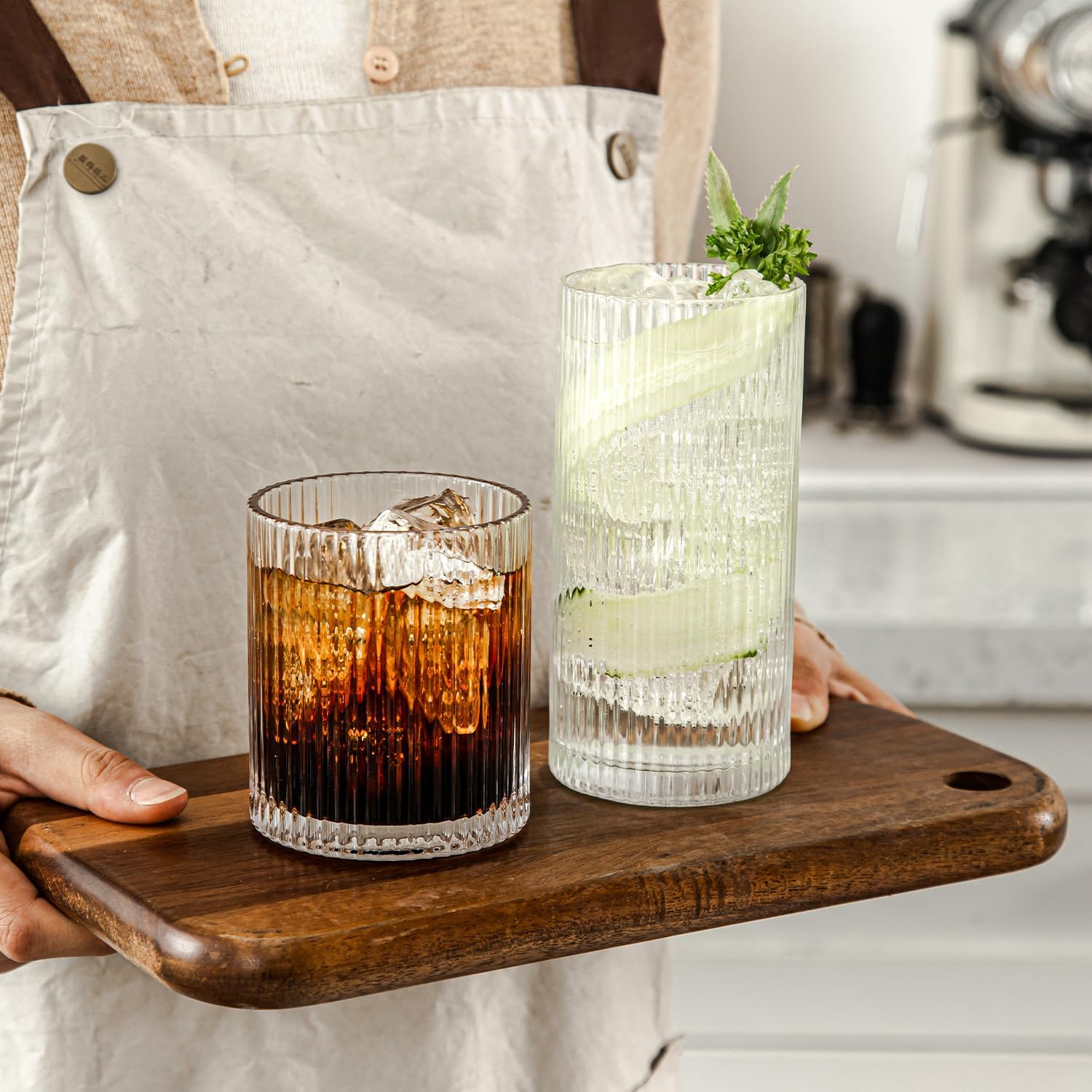 Ribbed Drinking Glasses Set of 8 - Vintage Glassware with 4 Highball (13oz) & 4 Rocks (10oz) Glass Cups, Elegant Cocktail Glasses for Water, Juice, and Ice Coffee, Mixed Drinkware