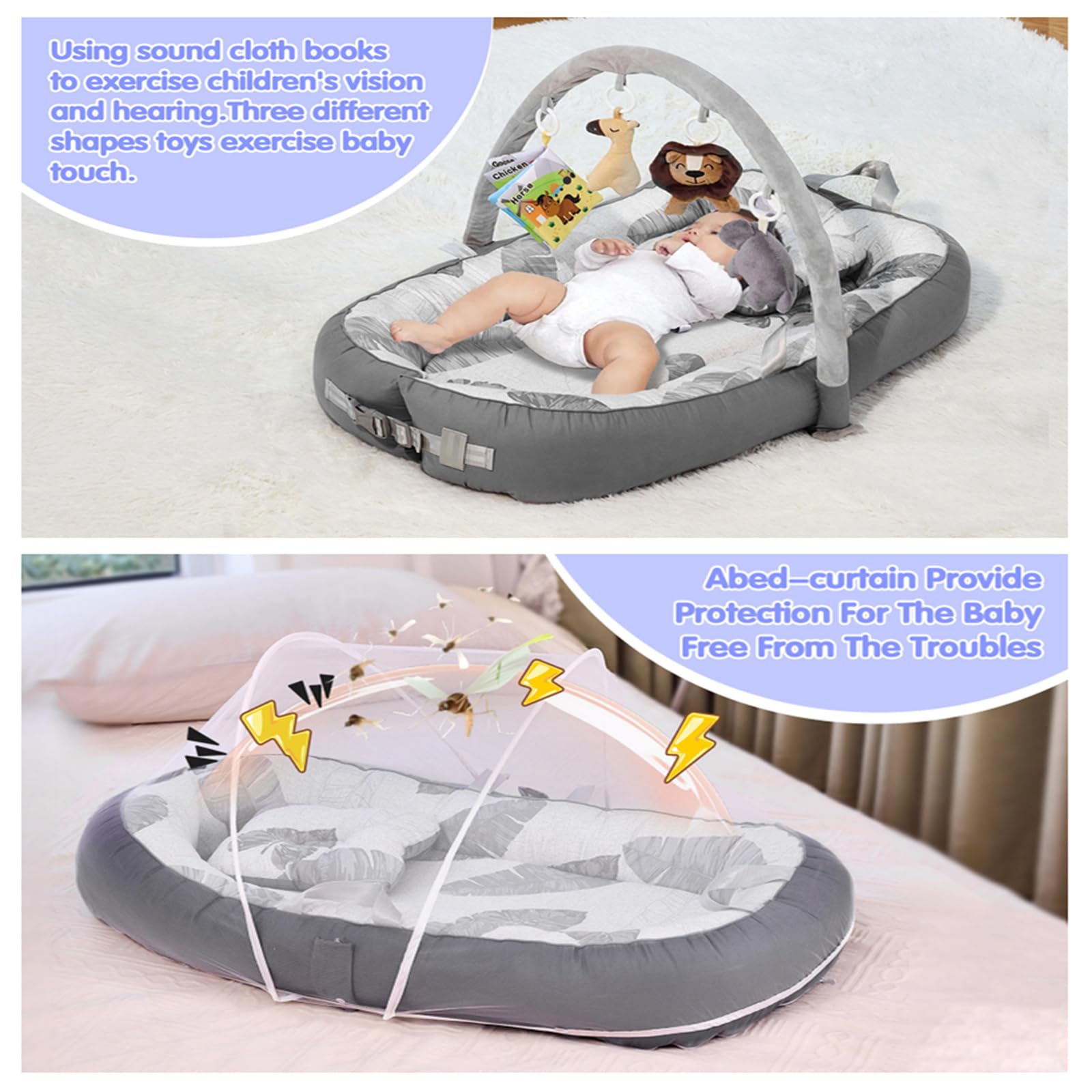 Babynest-Set mit Spielzeug, beaufsichtigter Baby-Schlafschale, weich und atmungsaktiv, 100 % Baumwolle, Schlafkopf-Baby, 76 cm x 53 cm, für 0–9 Monate. Unverzichtbares Geschenk für Neugeborene.