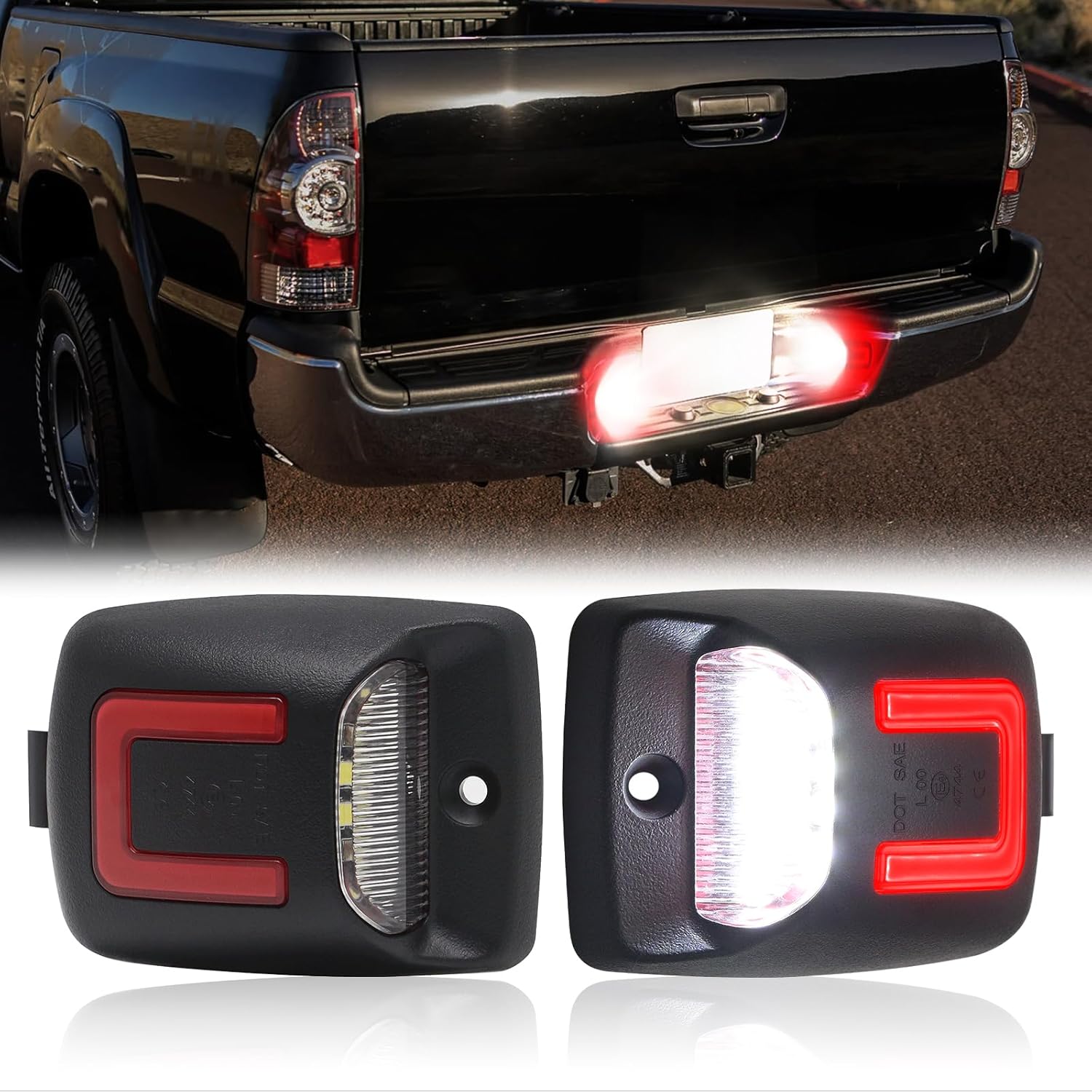 LED License Plate Light Lamp Assembly Compatible with Tacoma 2005-2015, For Tundra 2000-2013, 2PCS Tag Lights for License Plate White & Red Lights, Clear Lens