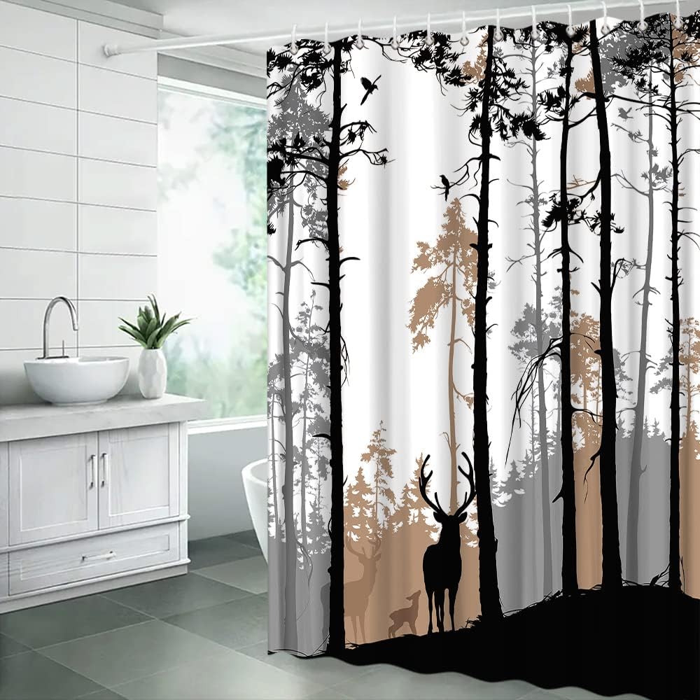 Deer Forest Shower Curtain Rustic Black Gray Brown Tree Forest Cabin Animal Elk Deer Moose Wildlife Silhouette Safari Hunting Camping 108WX70H Inches Bathroom Decor Fabric Curtain with Hooks