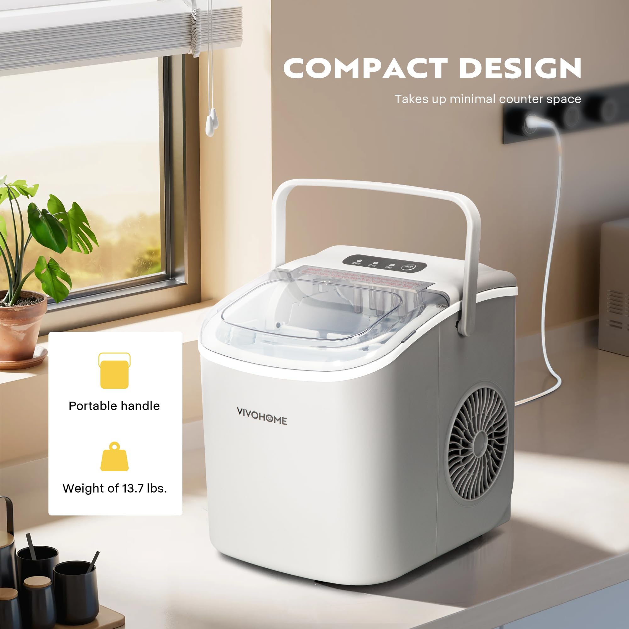 VIVOHOME Electric Portable Compact Countertop Automatic Ice Cube Maker Machine With Handle Hand Scoop 10 Ice Bags And Self Cleaning Function 26lbs/Day Silver on Fridge.com - View 5
