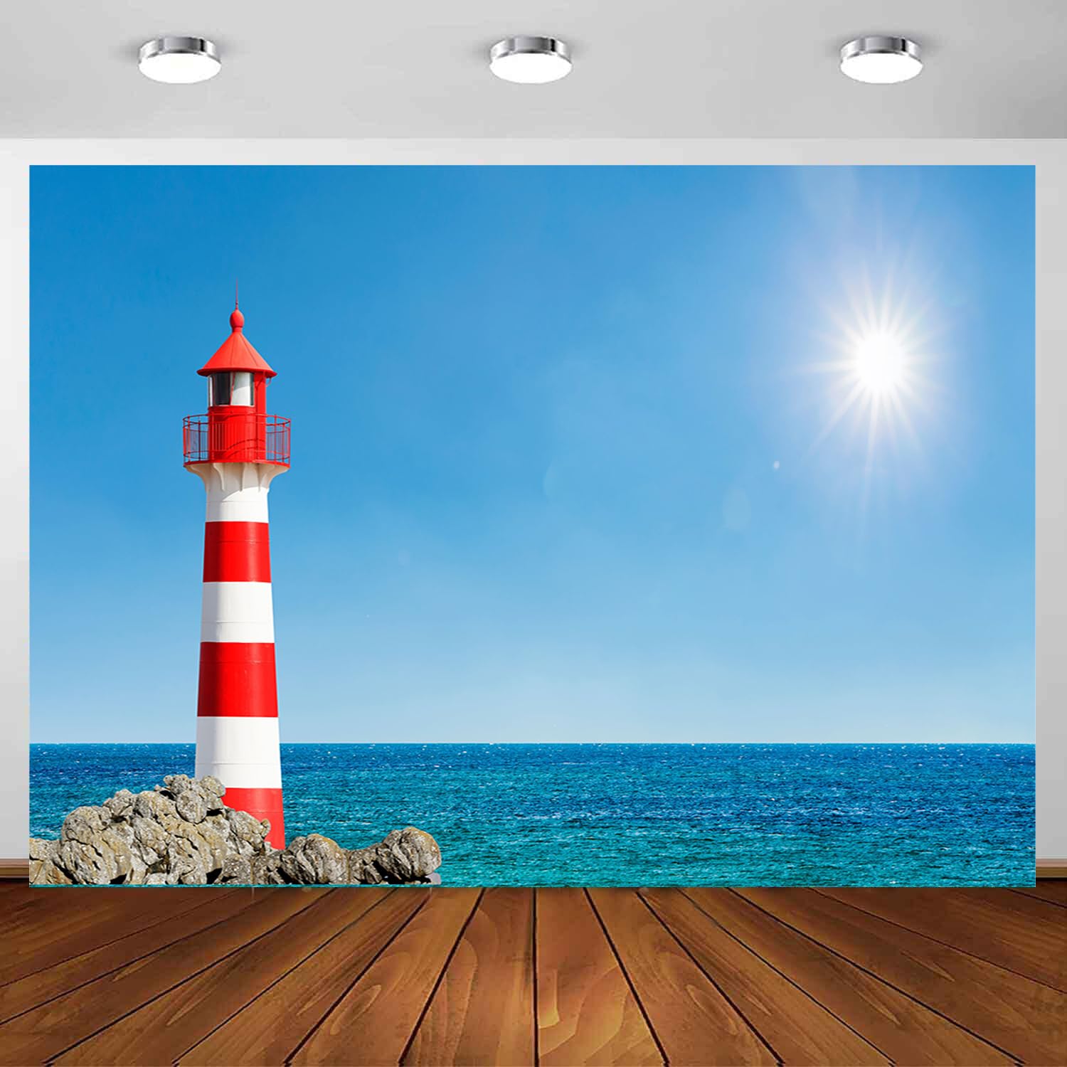 Seaside Lighthouse Backdrop 7 x 5 ft Fabric Ocean Beach Blue Sky White Clouds Nautical Landscape Background Party Decorations Studio Booth Photo Props
