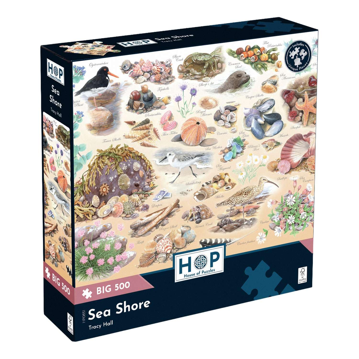 The House of Puzzles Sea Shore BIG 500 Puzzle | Seaside Nature & Wildlife Themed Jigsaw with Art by Tracy Hall | Jigsaws for Adults with Shell, Bird & Plant Illustrations | Gifts for Puzzling Fans โ image 1