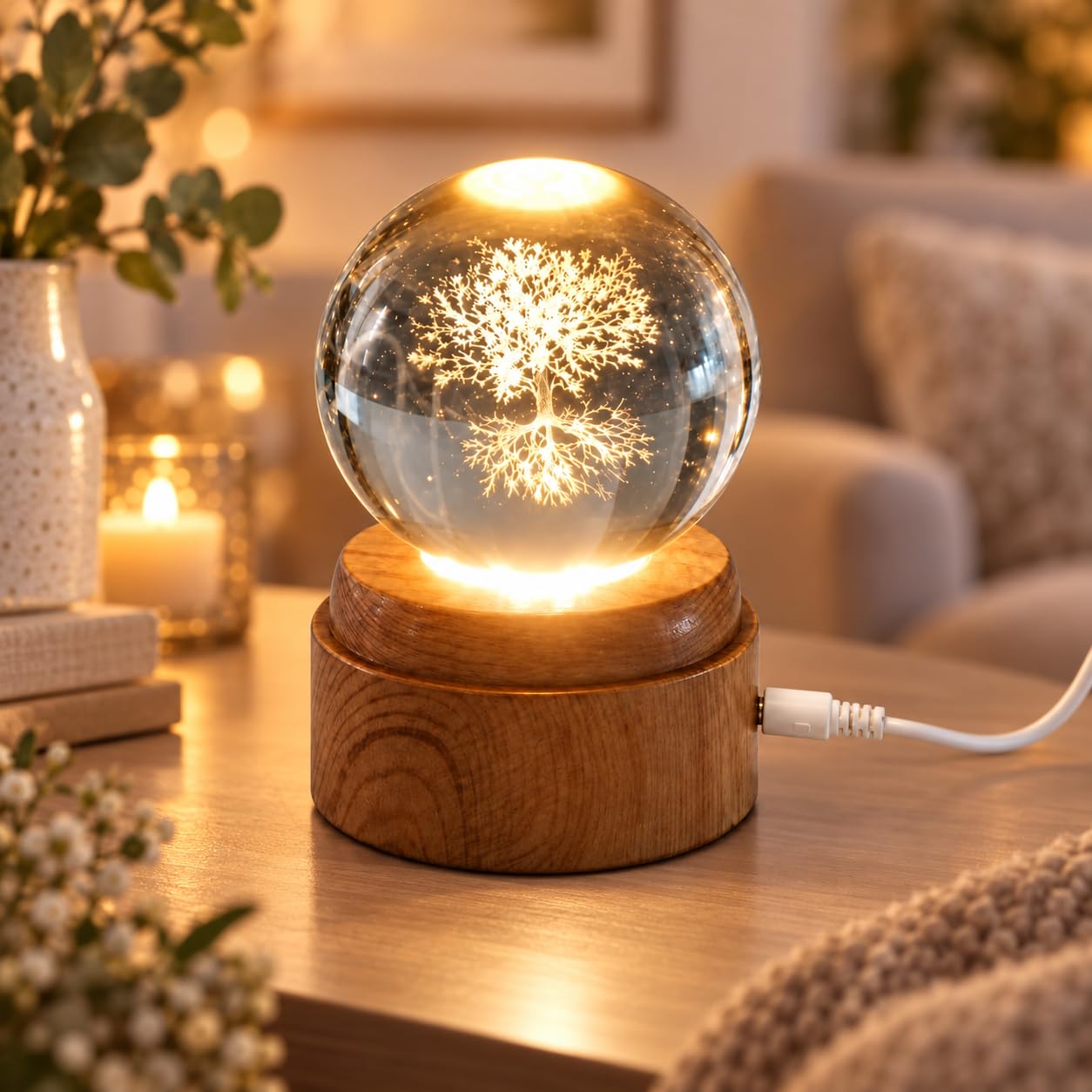 Crystal Ball Night Light 6cm & 8cm, 3D Engraved Galaxy & Tree of Life LED Lamp with Wooden Base, USB Powered Warm White Colour Light, Decorative Lamp for Home Decor, Style 1, 6cm (Pack of 1)