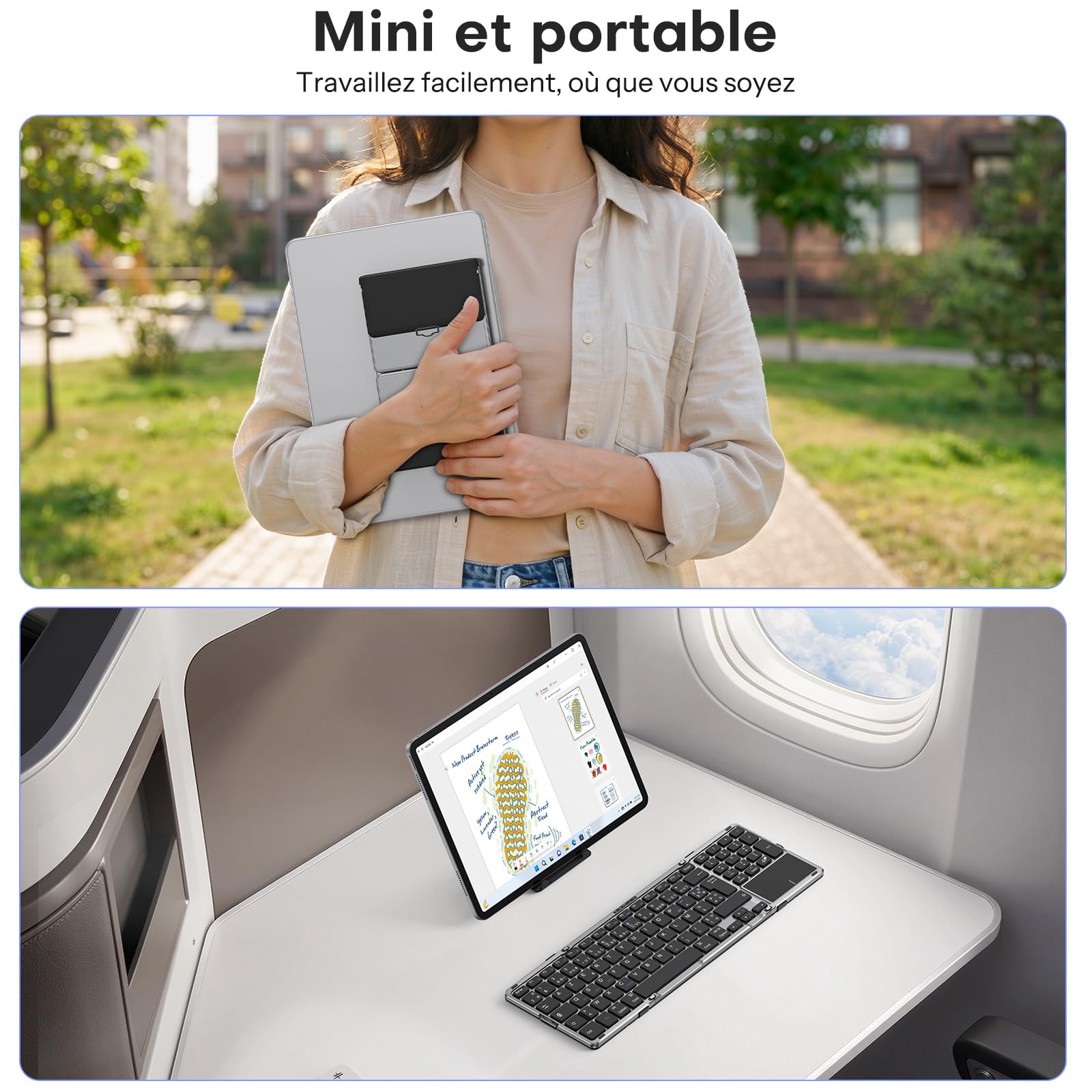 OMOTON Clavier Bluetooth Pliable AZERTY Pavé Tactile & Numérique Portable | Pleine Taille, Rechargeable, 3 Appareils Bluetooth, Support intégré, Compatible avec PC Tablette iPad Windows Mac Android