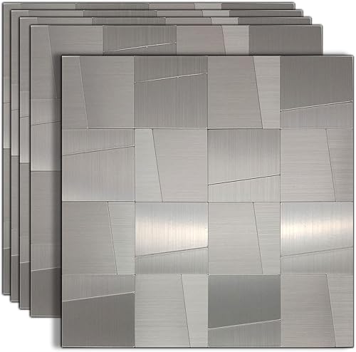 Miniatura 6 de YMMXGE Panel de 5 hojas de metal autoadhesivo para cocina, mosaico de aluminio autoadhesivo 3D, 11.81 x 11.81 x 0.12 pulgadas (5, negro cepillado)