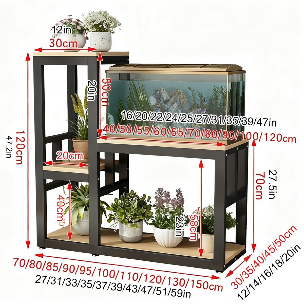 Supporto per Acquario in Legno Massello per 200L Mobile Acquario a Due Ripiani Supporto Robusto per Rettili Scaffale Portaoggetti Multifunzione per Casa Ufficio Studio(White,LxH90x40cm/35x16)