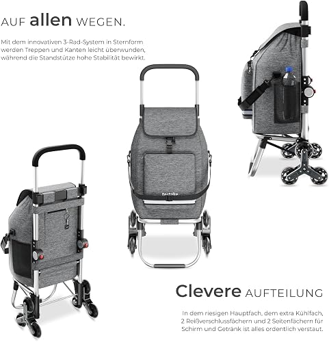 tectake® 56L Shopping Trolley on Wheels with 3-in-1 Function as Grocery Trolley, Shoulder Bag & Sack Truck, Folding Shopping Cart with Aluminium Frame, Stair-Climbing Wheels & Cooler Bag - Grey - 3