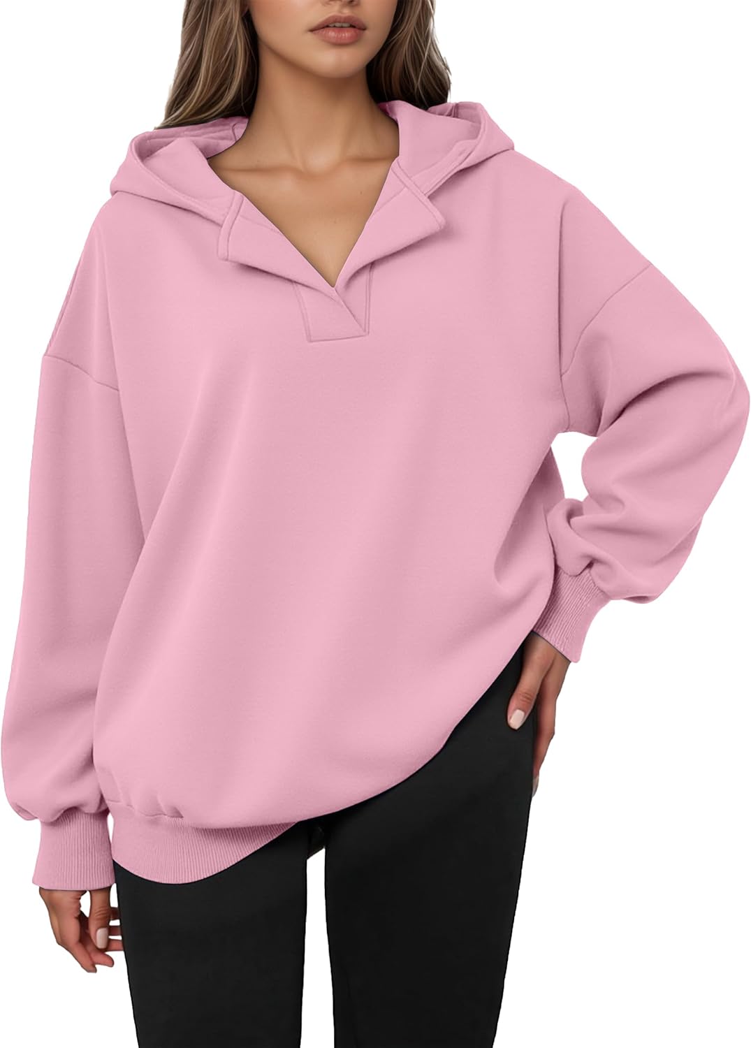 TCHH-DayUp Women's Oversized Fleece Hoodie V-Neck Pullover Long Sleeve Hooded Sweatshirt Pink M - Image 3