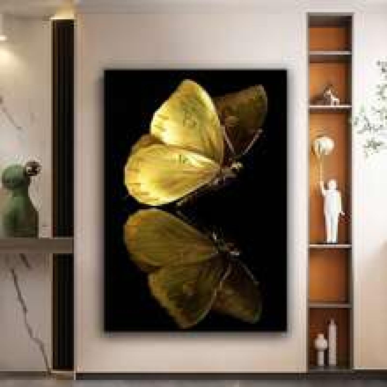 XINBAO Arte de pared con reflejo de mariposa, impresión de mariposa amarilla, impresiones artísticas en lienzo, carteles de animales para sala de estar, carteles de pintura de 70 x 90 cm con marco