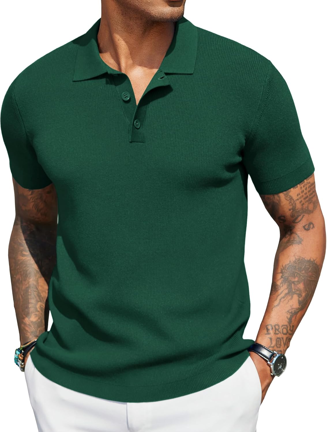 COOFANDY Mens Business Polo Shirts Short Sleeve Knit Pullover Slim Fit Ribbed Textured Solid Tshirts Green L