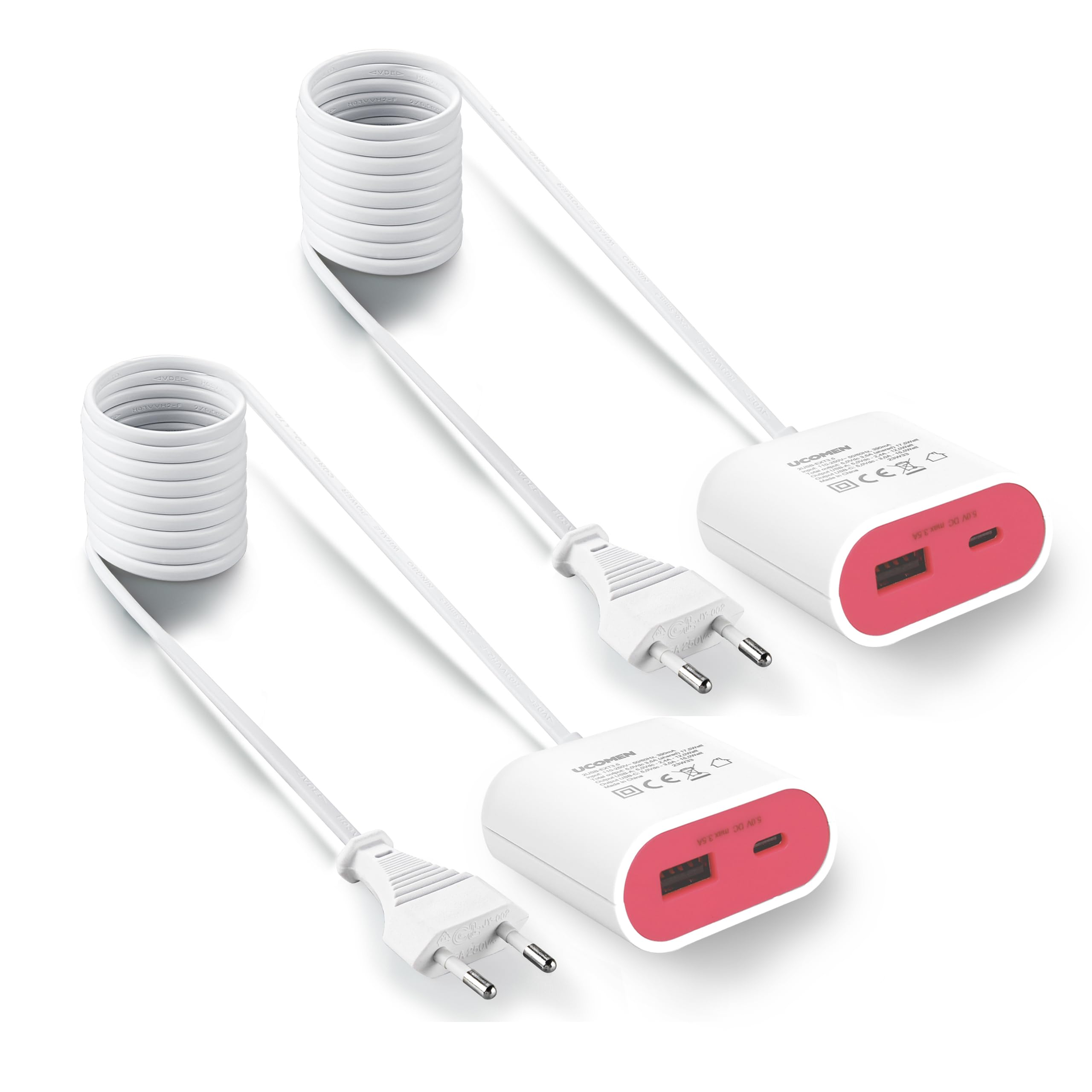 UCOMEN USB C Ladegerät mit 1,5m Verlängerungskabel, 17.5W USB Stecker Netzteil ideal für Nachttisch, Schreibtisch, Küche oder Reisen, rosa 2 Pack