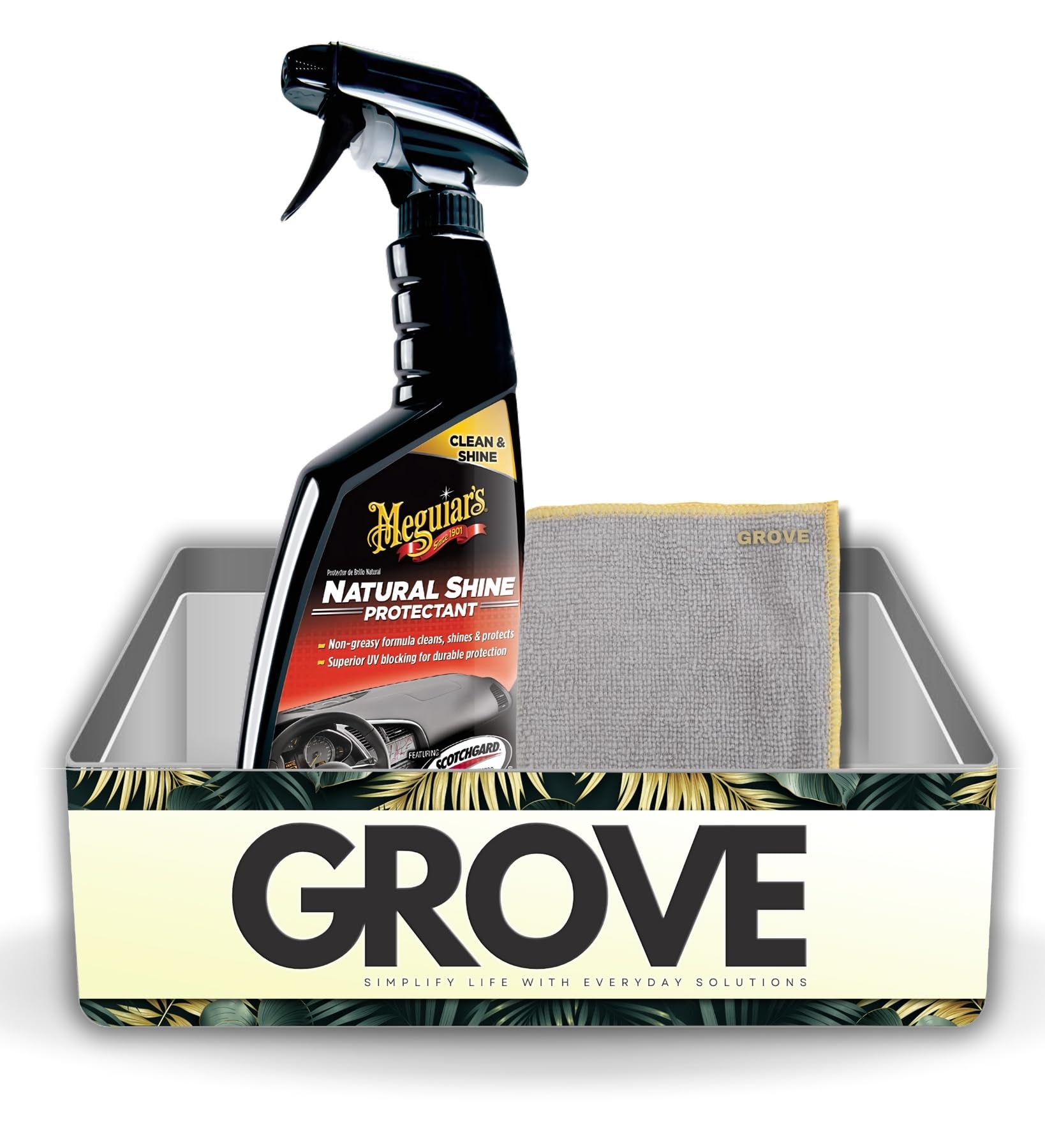 GROVE Natural Shine Protectant Spray 16 oz Bundle with Microfiber Cloth - Interior Detailer for Car Shine and UV Protection - Non-Greasy Plastic, Rubber and Vinyl Protectant Spray - (2 Items)