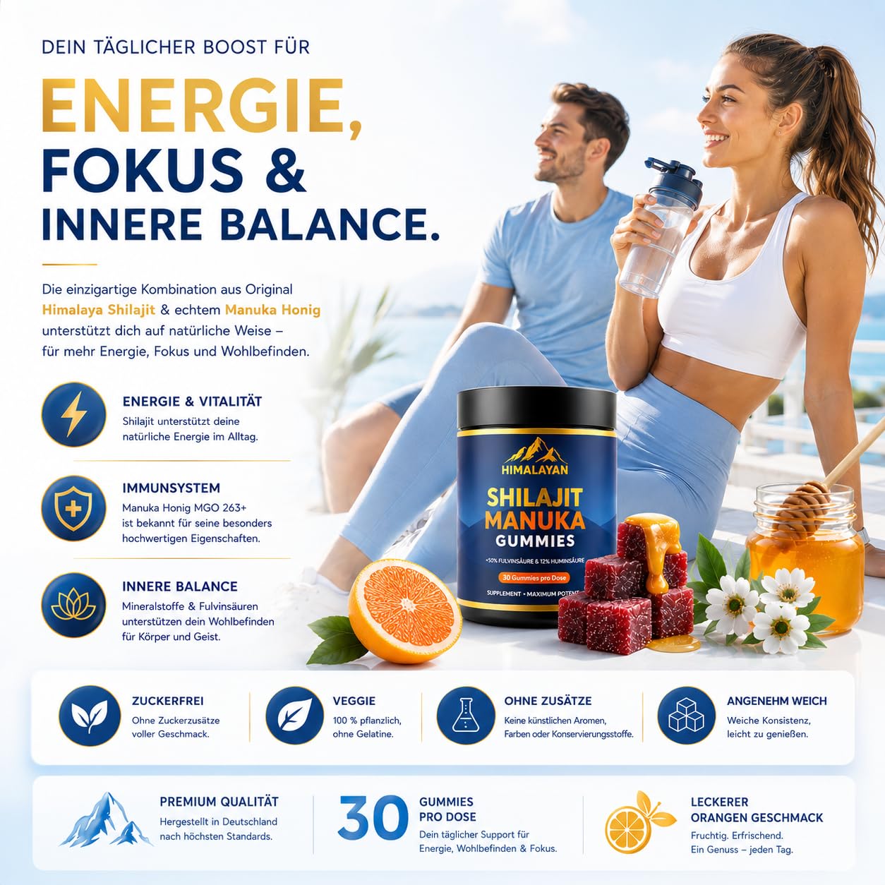 Shilajit Himalaya & Manuka Honig MGO 263 – Zuckerfreie Veggie Wohlfühl-Gummibärchen – Deine tägliche Unterstützung für Energie, Immunsystem & innere Balance
