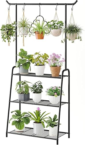 Soporte de metal para plantas para interiores y exteriores, estante esquinero de 3 niveles de alto, escalera de flores colgante para sala de estar,