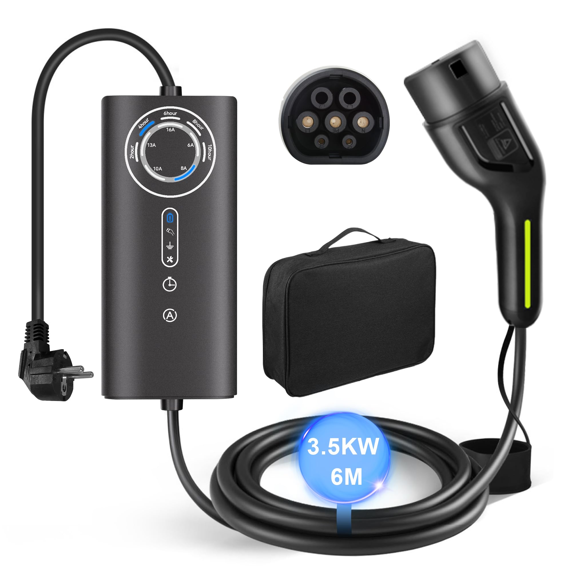 AWESAFE Chargeur Voiture Electrique [ 3,68 KW, 16A, 6m ] Courant Réglable 6-8-10-13-16A Prise Schuko avec Sac/Câble de Charge Type 2, Compatible avec E-208, Zoe, Spring, 500e, Model 3&Y et Autres BEV/