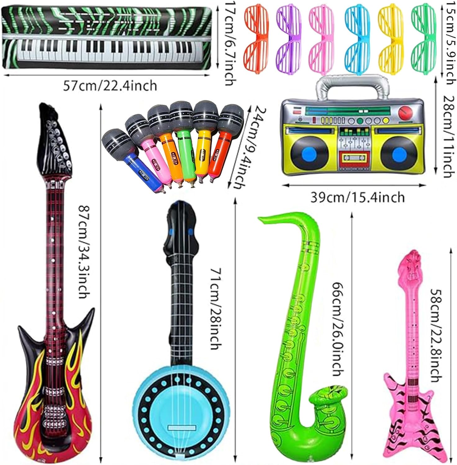 Juego de juguetes inflables de Estrella de Rock, musicales de Los,18 piezas de decoraciones de Fiesta de Los años 80 y 90,guitarras inflables, saxofón,micrófonos, Glasses.teclado,Bass,pipa lute