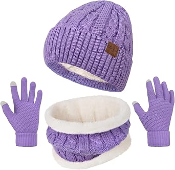 Loritta 3 Pieces Winter Hats for Women Knit Neck Warmer Gloves Set | Warm Fleece Lined, Thick Double-layer, Elastic Infinity Scarf, Flexible Touchscreen, Stocking Stuffers, Cold Weather Match