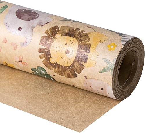 Miniatura 9 de RUSPEPA Papel de regalo de animales de la selva, mini rollo, 17 pulgadas x 32.8 pies, papel de regalo kraft con diseño de león, jirafa y elefante,