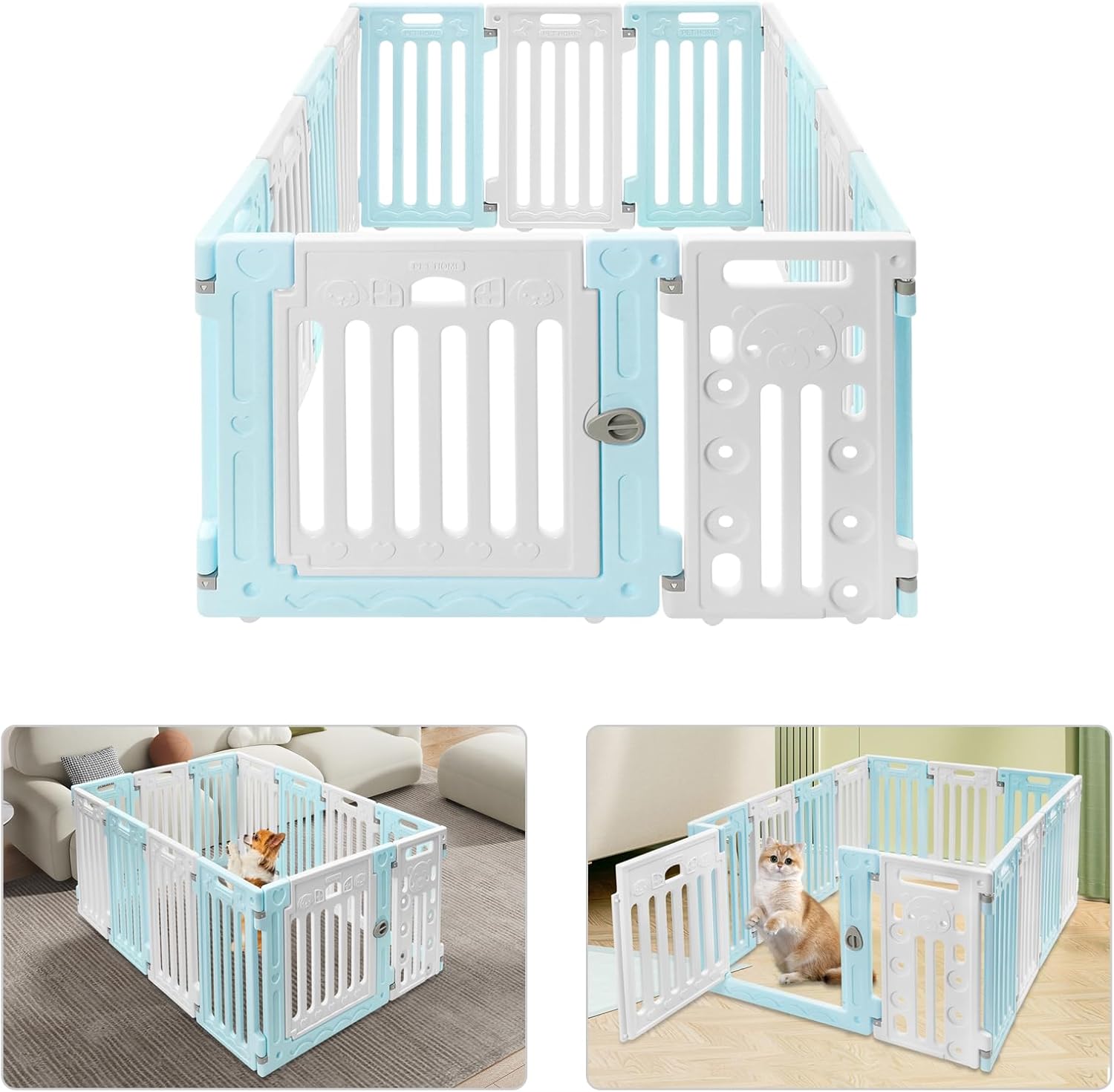 Dog Playpen with Door, 11 Panels Non-Slip Puppy Playpen 25.6in Hight Indoor Outdoor Fence Secure Pet Gate for Puppies, Small, or Medium Dogs (Blue)