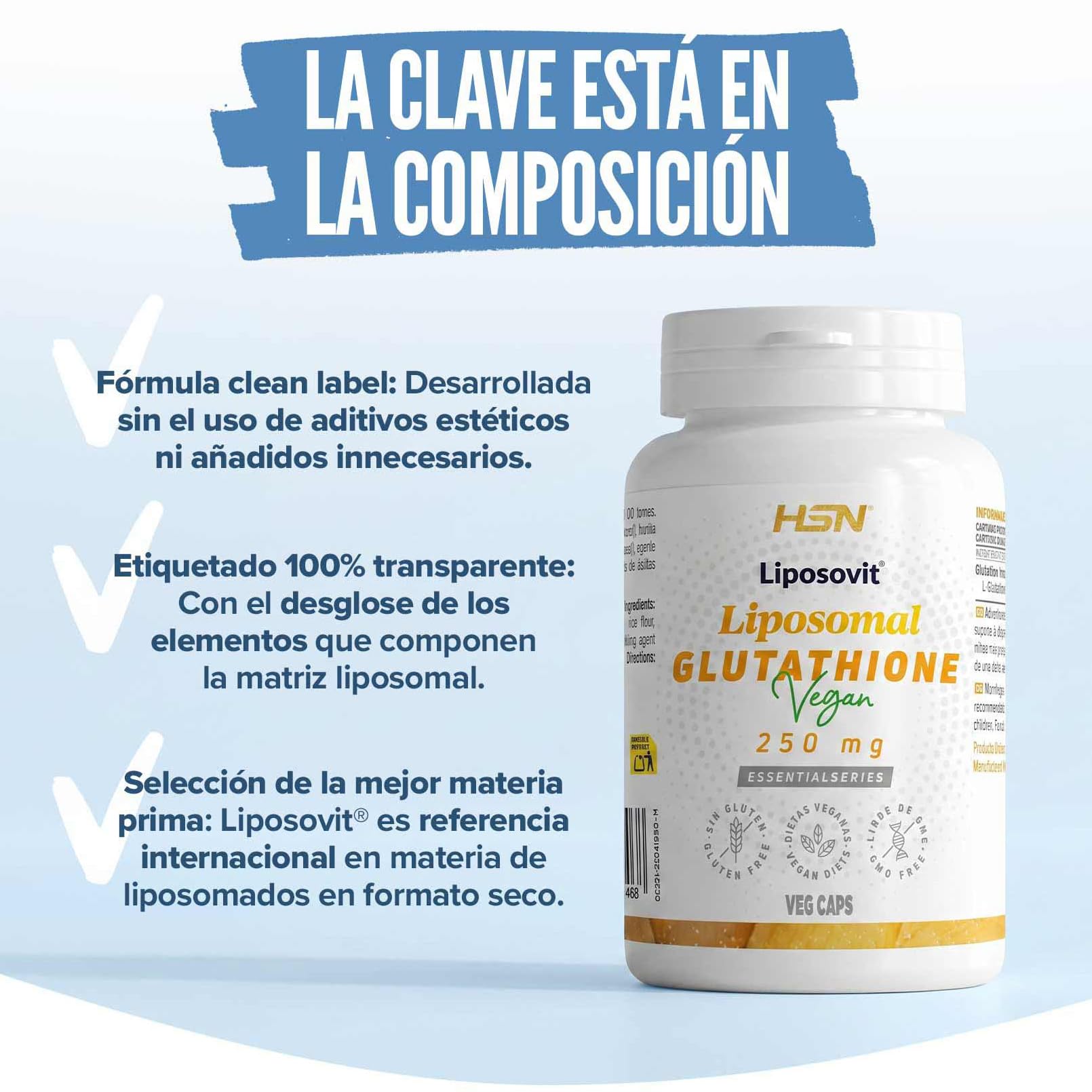 HSN Glutatión Liposomado 250 mg (Liposovit®) (Glutatión Reducido GSH) | 60 Cápsulas Vegetales | Tecnología Liposomal | Alta Biodisponibilidad