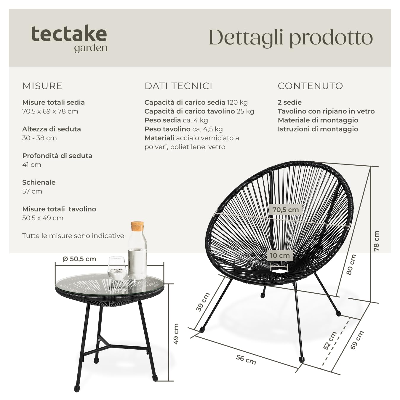 Tectake Set 2 Sedie Santana con Tavolo da Esterno, Tavolo Retrò con Vetro di Sicurezza e Telaio in Acciaio, Nero