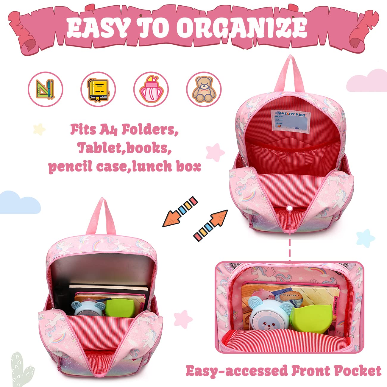 VASCHY Sac À Dos Enfant Licorne/Voiture, Cartable Maternelle Et CP 3–7 Ans, Grand Format A4 11,5 L Léger Avec Sangle De Poitrine Et Bandes Réfléchissantes
